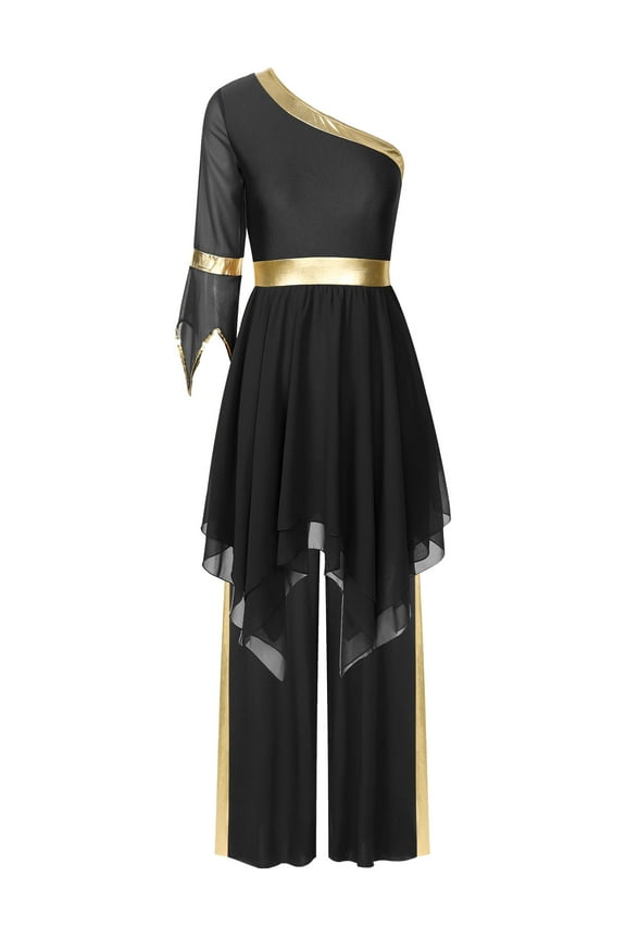 Women One Shoulder Liturgical Praise Dance Dress With Metallic Palazzo Pants Church Worship Black XL