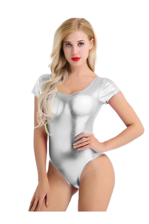 Women Shiny Sparkly Stage Performance Dancewear Short Sleeve Metallic Ballet Bodysuit Silver XXL
