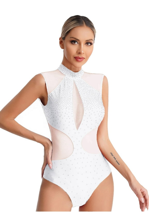 Women Sparkly Rhinestones Dance Leotard Backless Ballet Leotards Open Back Ballet Bodysuit White M