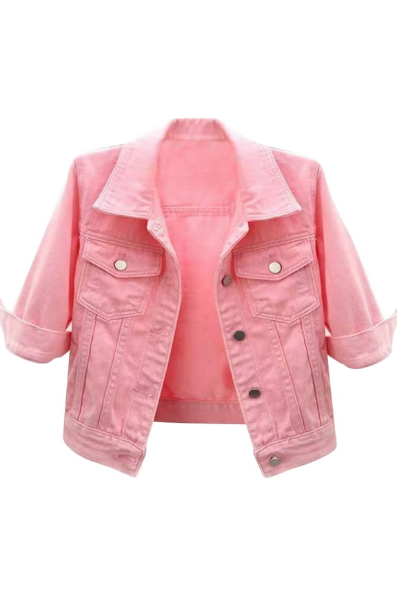 Women's 3/4 Sleeve Denim Jacket Coat Basic Button Down Stretch Jacket with Pockets Pink L