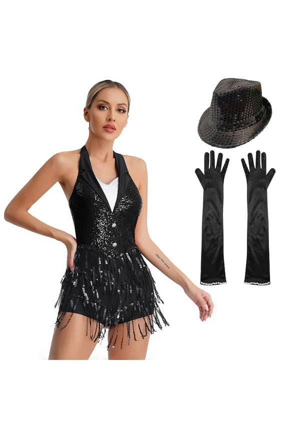 Women's Halter Backless Glitter Sequins Fringe Bodysuit Jumpsuit Jazz Ballet Latin Dancer Black M