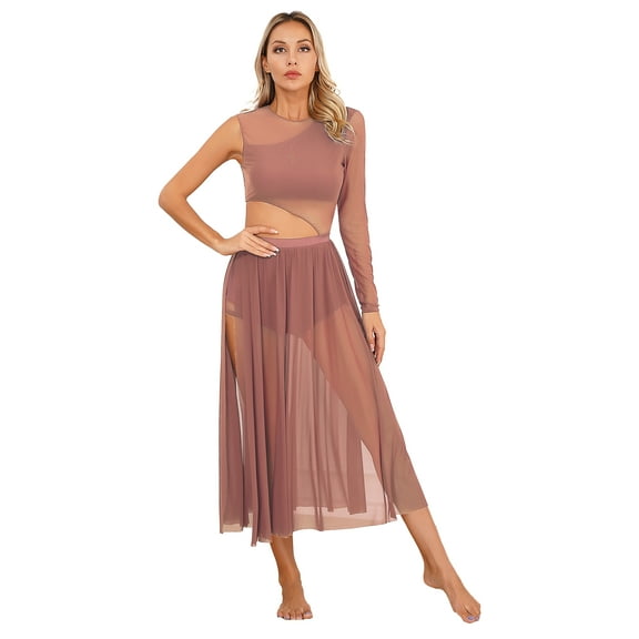 Moggemol Women's Lyrical Dance Costumes Side Split Sheer Mesh Flowy Ballet Dancewear Tulle Leotard Dusty Pink S