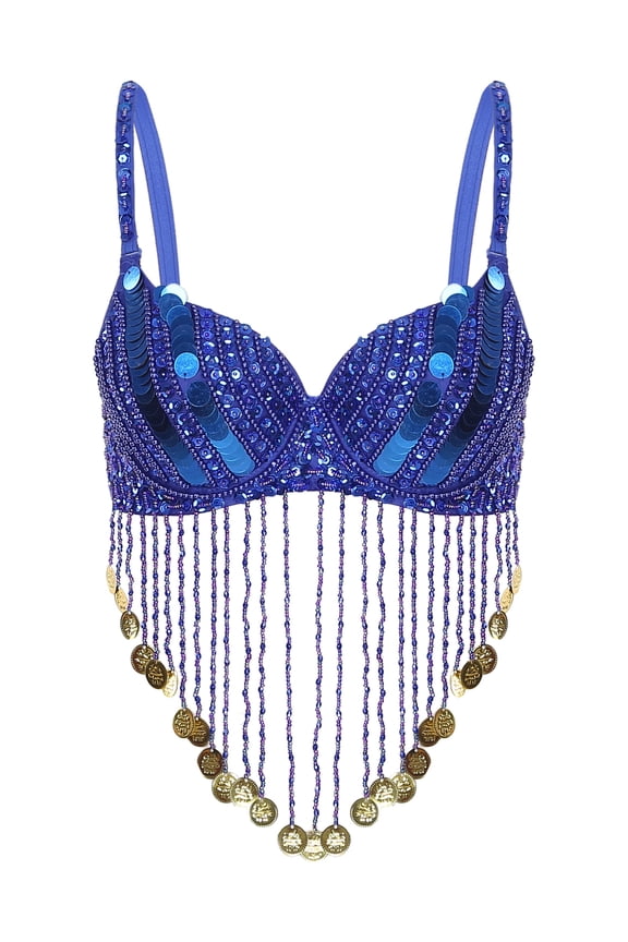 Women's Sequin Beaded Belly Dance Bra Tops with Tassels Dance Costume for Music Festival Royal Blue One Size