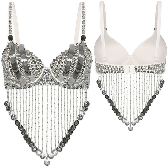 Moggemol Women's Sequin Beaded Belly Dance Bra Tops with Tassels Dance Costume for Music Festival Silver One Size