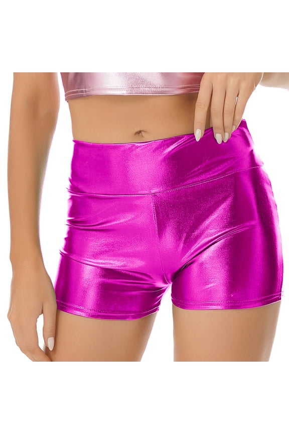 Women's Shiny Metallic Rave Booty Shorts Hot Pants Dance Bottom High Waist Slim Hips Biker Hot Pink M