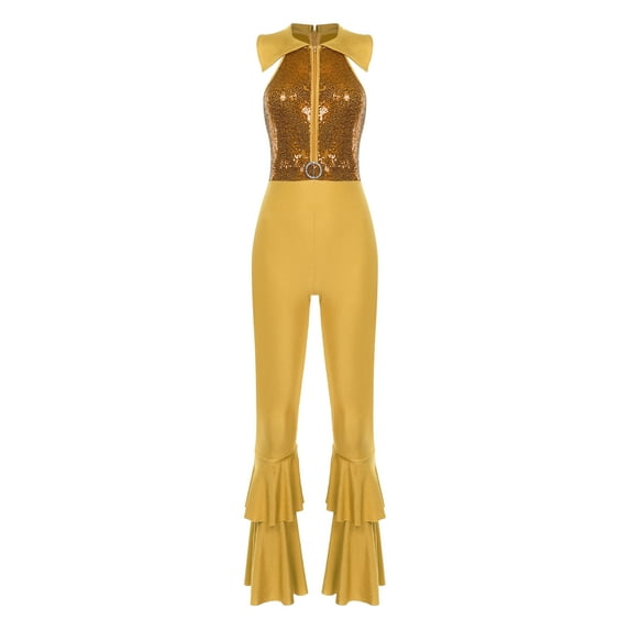 Moggemol Women's Sparkly Sequin Disco Jumpsuit Sleeveless Zipper Hippie Jumpsuit 70s Disco Outfits Gold XXL