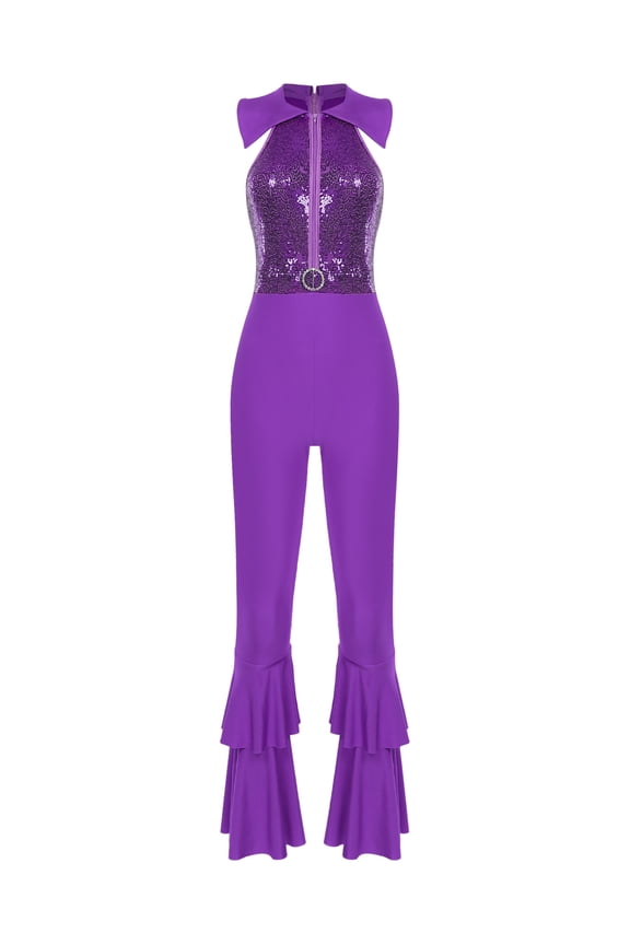 Women's Sparkly Sequin Disco Jumpsuit Sleeveless Zipper Hippie Jumpsuit 70s Disco Outfits Purple S