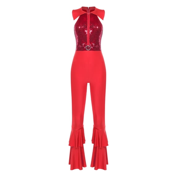 Moggemol Women's Sparkly Sequin Disco Jumpsuit Sleeveless Zipper Hippie Jumpsuit 70s Disco Outfits Red XXL