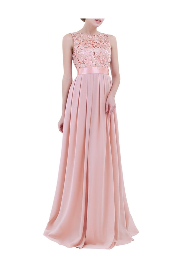 Women's Wedding Floral Lace Sleeveless Floor Length Evening Cocktail Formal Bridesmaid Gown Pearl Pink 16