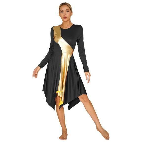 Moggemol Womens Lyrical Praise Dance Dress Long Sleeve Liturgical Dancewear Color Block Worship Dance Black XL