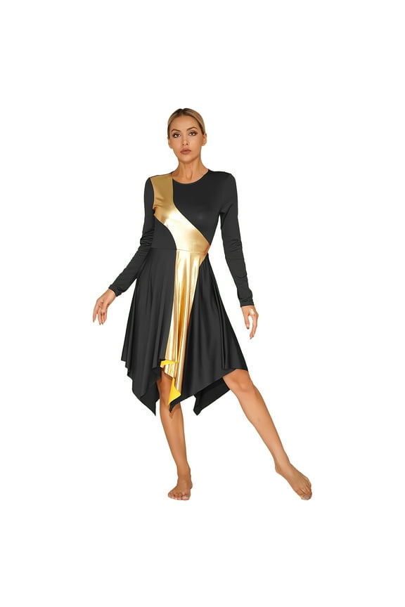 Womens Lyrical Praise Dance Dress Long Sleeve Liturgical Dancewear Color Block Worship Dance Black XL