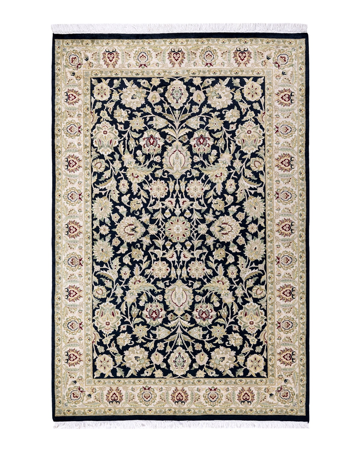 Hand-Knotted Black Wool Traditional 4' x 6' Area Rug