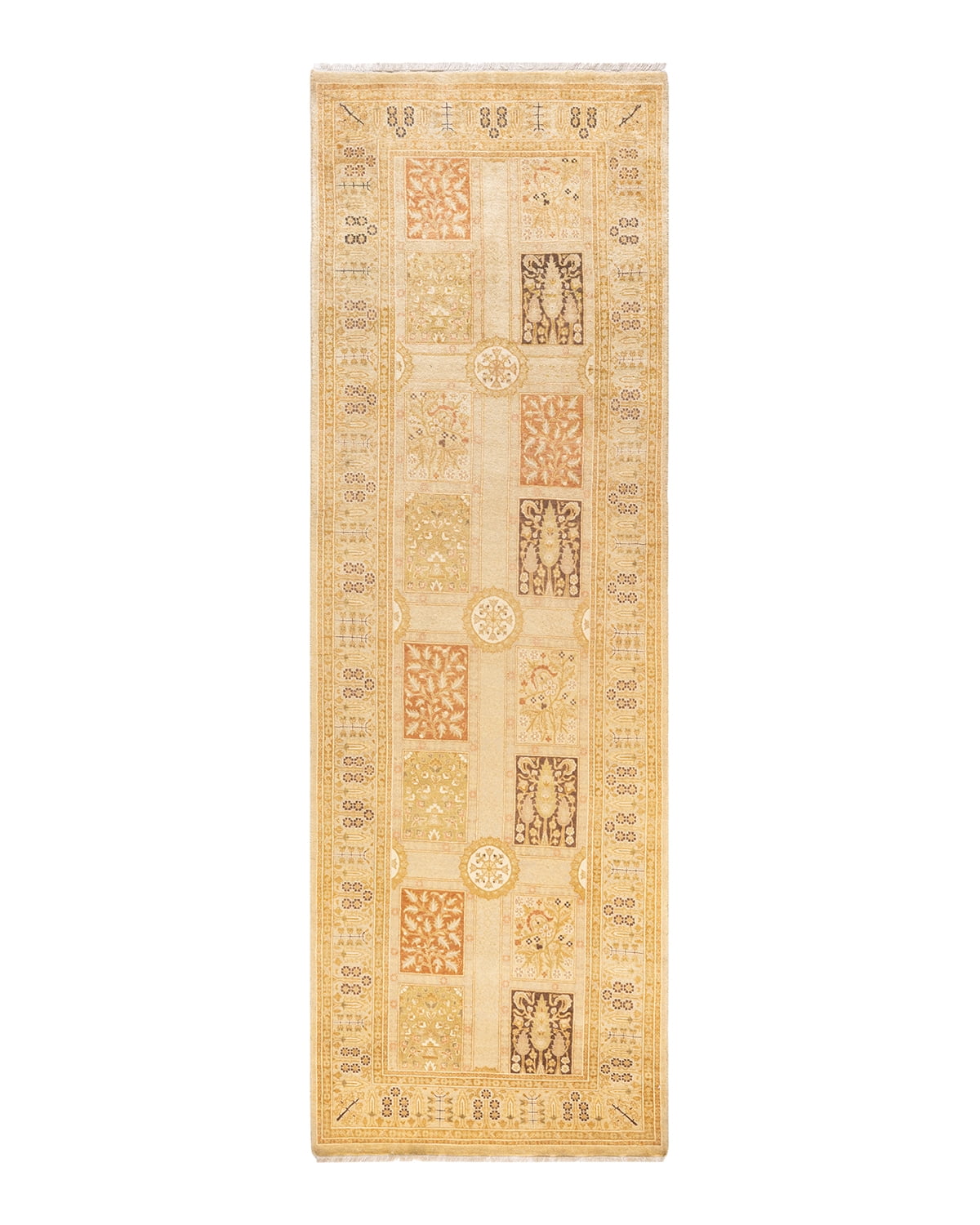 Ivory and Beige Hand-Knotted Wool Runner Rug with Floral Motif