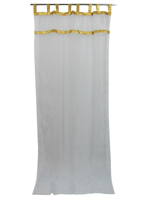 Mogul White Sari Curtains Sheer Gold Border Drapes 2 Panels Window Treatment 48"x108"