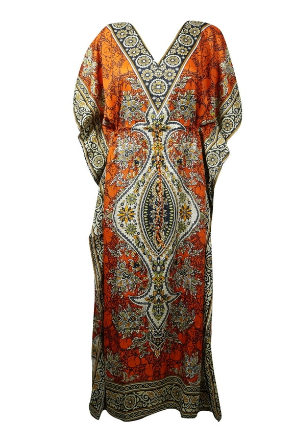 Mogul Women Orange Traditional Caftan Floral Print Boho Dress Vintage Cover Up Maxi Kaftan Dress