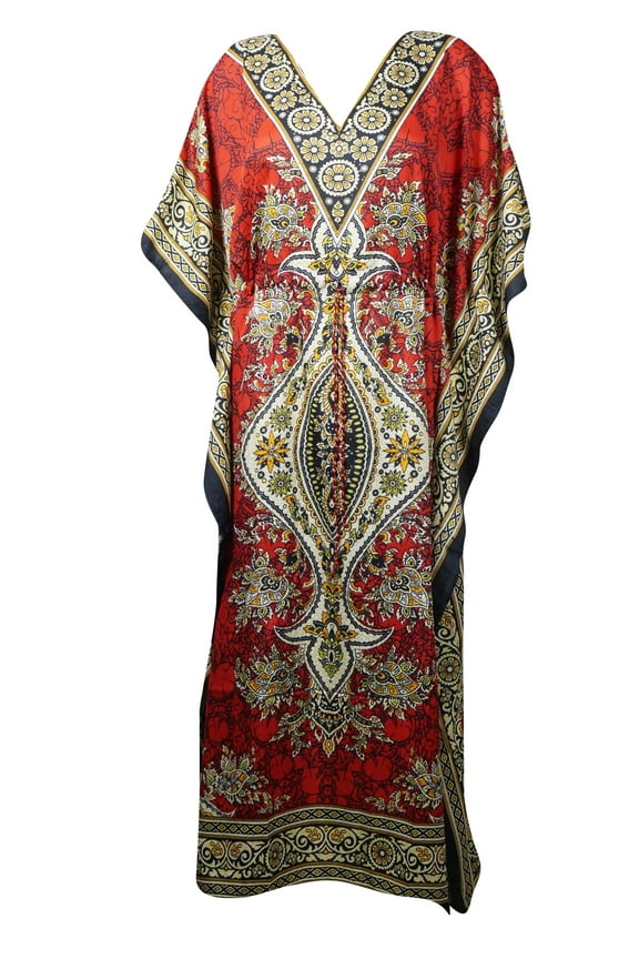 Mogul Women Red Long Caftan Floral Print Boho Dress Vintage Maxi Cover Up Kaftan