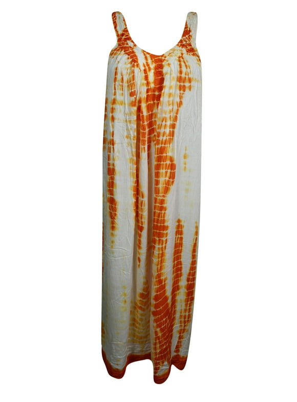 Mogul Women Sundress Tie-Dye Sleeveless V-Neck Summer Style Beach Coverup Comfy Long Tank Dresses