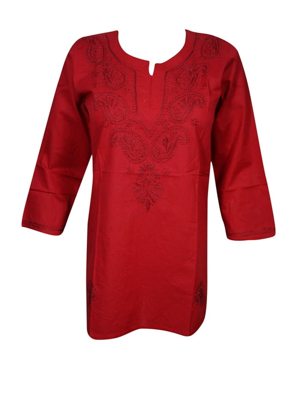 Mogul Women's Cotton Tunic Kurti Ethnic Paisley Hand Embroidery Long Sleeves Festive Blouse Dress