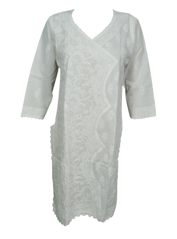 Mogul Womens Ethnic White Tunic Dress 3/4 Sleeves Beautiful Floral Hand Embroidered Cotton Beach Cover Up Caftan S