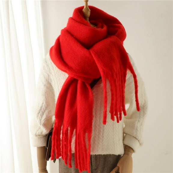Mohair Scarf Solid Color Versatile Winter Warm Extended Tassel Neck Scarf for Men and Women Thick Scarf