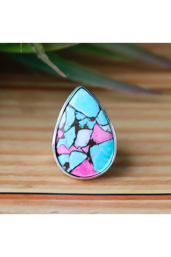 Mohave Copper Turquoise Ring, 925 Silver Ring, Teardrop Ring, Statement Ring, Boho Ring, Healing Ring, Chunky Ring, Vibrant Cocktail Ring,