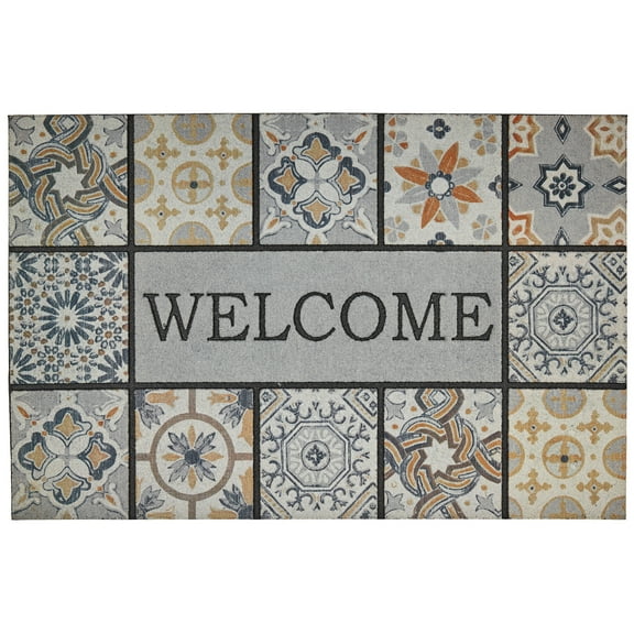 Mohawk Home Doorscapes Estate Mat Welcome Patina Tiles Grey Mat Scatter, 1'11"x2'11", Orange & Navy