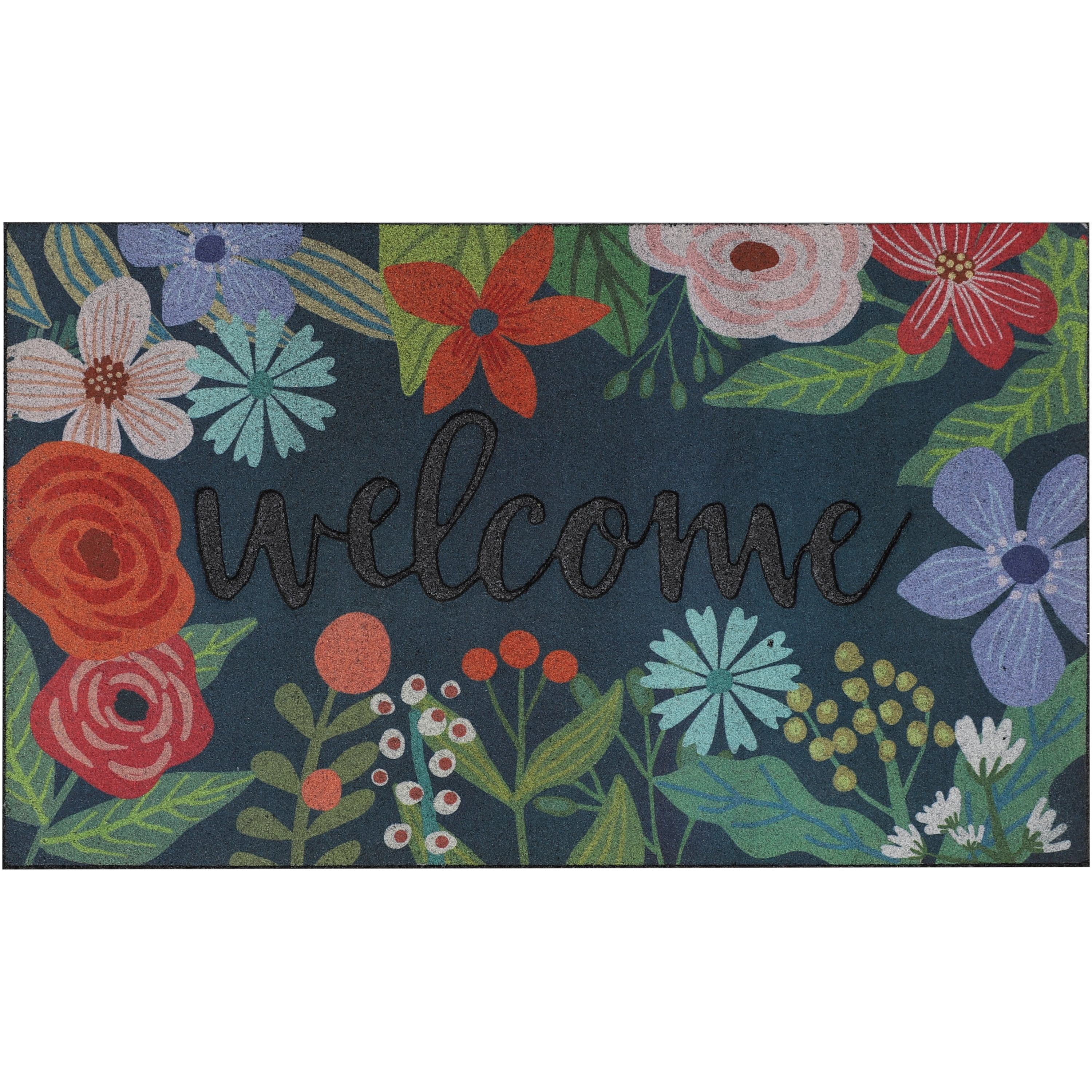 Navy and Green Floral Recycled Rubber Outdoor Welcome Mat