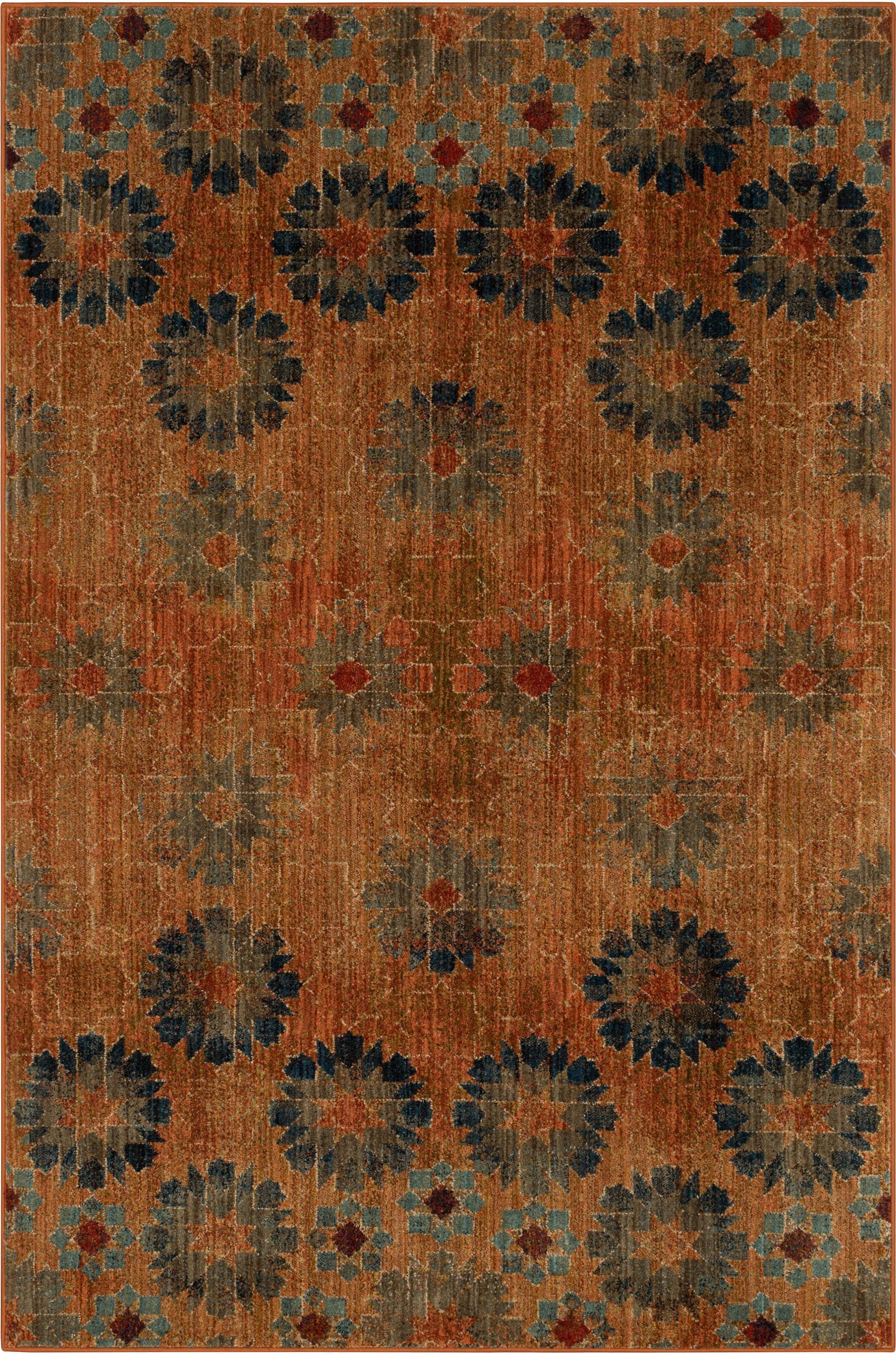 Saffron Orange and Turquoise Floral Synthetic Area Rug
