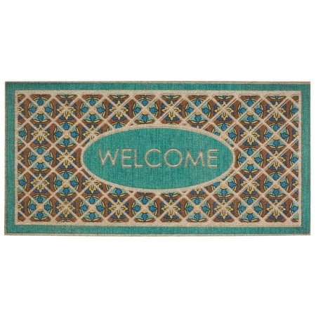 Mohawk Home Ornamental Entry Mat Retro Tiles Mat Scatter, 2'x4', Teal & Tan