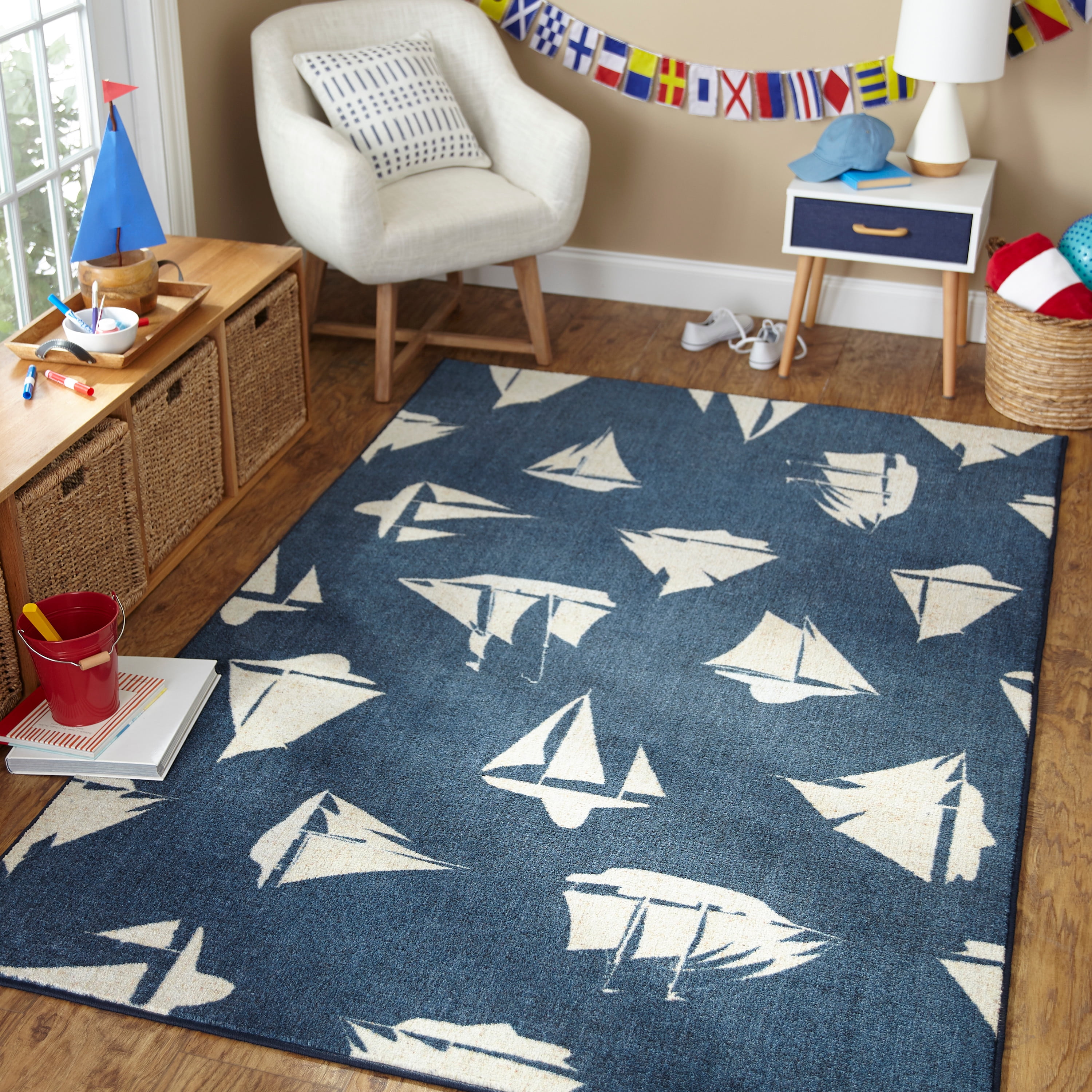 Ivory Blue Gray Coastal Area Rug Anchor Nautical 5'x8' Geometric Carpet  Indoor