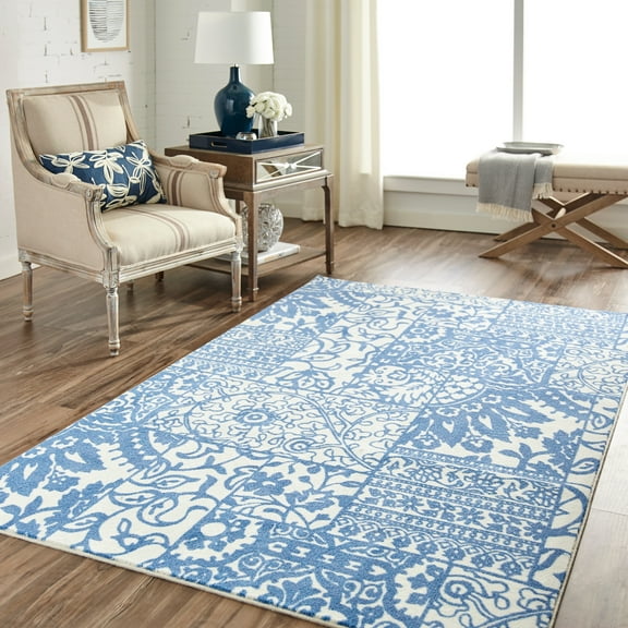 Mohawk Home Prismatic Brocade Blue Transitional Floral Precision Printed Area Rug, 8'x10', Ivory & Blue