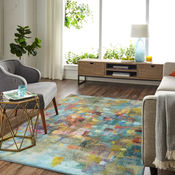 Mohawk Home Prismatic Confetti Canvas Multi Contemporary Abstract Precision Printed Area Rug, 3'9"x5', Teal & Green