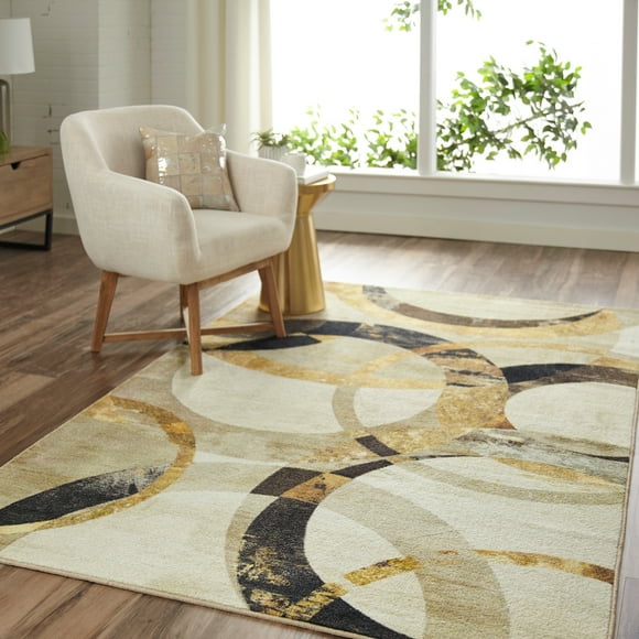 Mohawk Home Prismatic Mirrored Rings Grey Transitional Geometric Precision Printed Area Rug, 5'x8', Grey & Gold