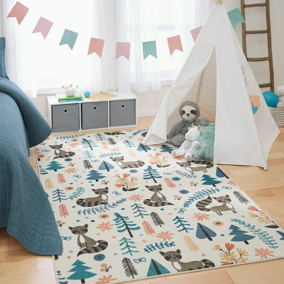 Mohawk Home Prismatic Raccoon Woodland Cream Contemporary Theme Kids Precision Printed Area Rug, 3'4"x5', Cream & Grey