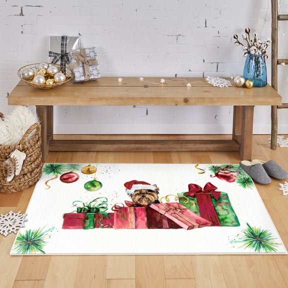 Mohawk Home Prismatic Santa Yorkie Multi Contemporary Theme Christmas Precision Printed Scatter, 1'6"x2'6", White