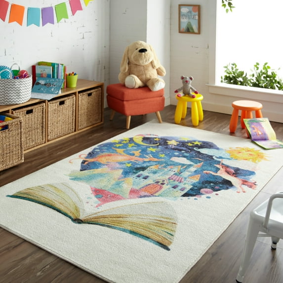 Mohawk Home Prismatic Tell Me A Story Multi Transitional Theme Kids Precision Printed Area Rug, 3'4"x5', Cream & Blue