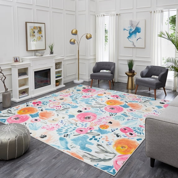 Mohawk Home Prismatic Watercolor Floral Multi Transitional Theme Kids Precision Printed Square, 10'x10', Orange & Blue