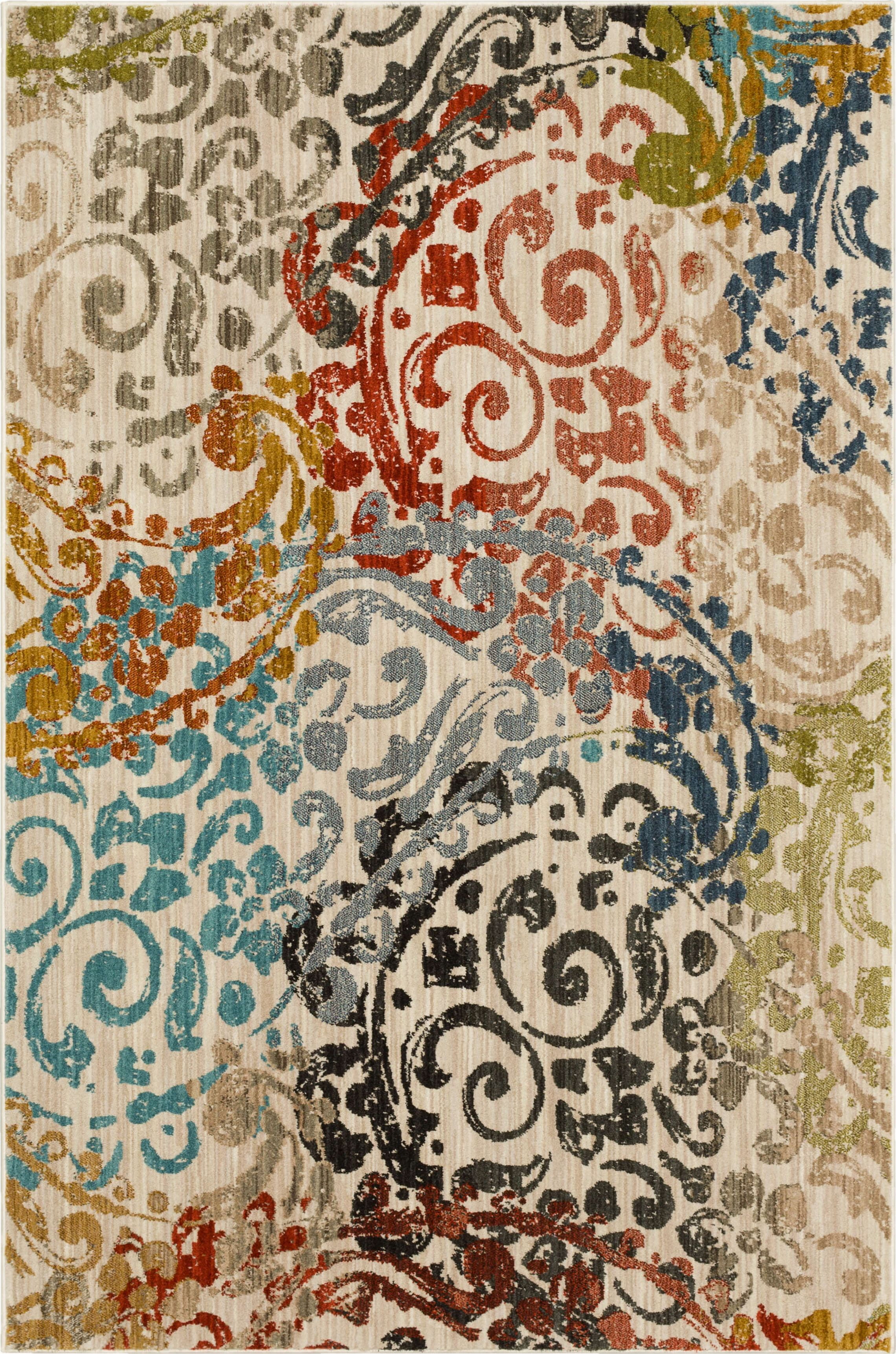 Gray Multicolor Floral Synthetic Stain-Resistant Rectangular Area Rug