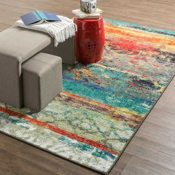 Mohawk Home Strata Eroded Color Multi Contemporary Abstract Printed Area Rug, 1'8"x5', Teal & Orange