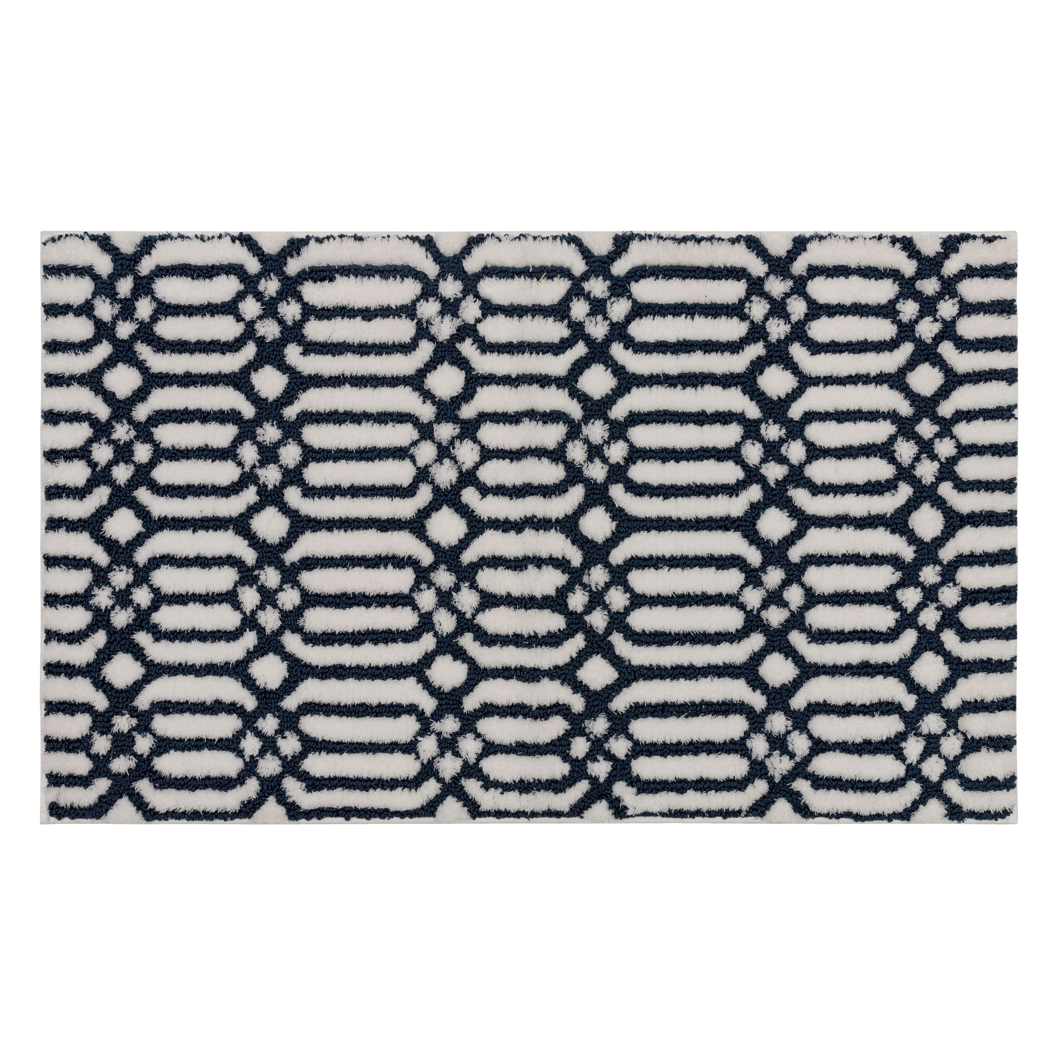 Navy and White Geometric Fade Resistant Bath Rug
