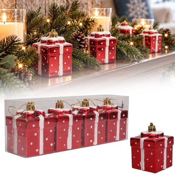 Mohdy Christmas Gift Box Ornament 4 Pack, Present Box Hanging Decoration with Glitter Ribbon 2 in, Xmas Tree Pendant for Holiday Home Decor, Red