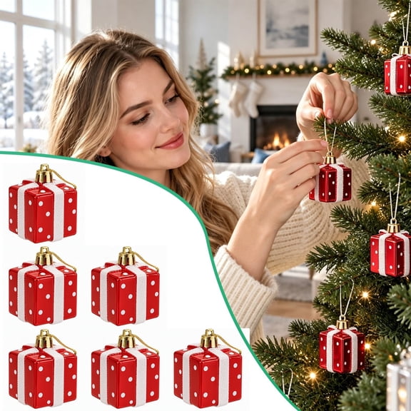 Mohdy Christmas Gift Box Ornament 6 Pack, Present Box Hanging Decoration with Glitter Ribbon 1.6 in, Xmas Tree Pendant for Holiday Home Decor, Red