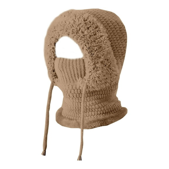 Mohdy Khaki Thermal Face Mask,Beanie Hat for Women Womens Winter Cold Knitted Hats Wind Hooded Scarf Thick Plush Lined,For Women,Windproof Fleece Lined Knitted Hat for Winter Sports & Outdoor
