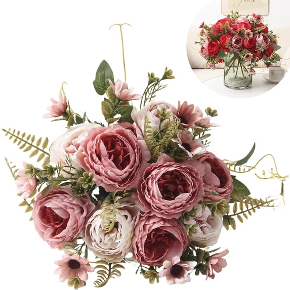 Mohdy Uv Resistant Artificial Flowers, Durable Artificial Flowers, Peony Artificial Flower Arrangement-Realistic Bouquet for Vase, Table Centerpiece & Wedding Decor