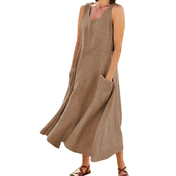 Mohiass 2024 Cotton Linen Sleeveless Plus Size Dresses for Women Tropical Casual Round Neck Sundress with Pockets Coffee 3XL