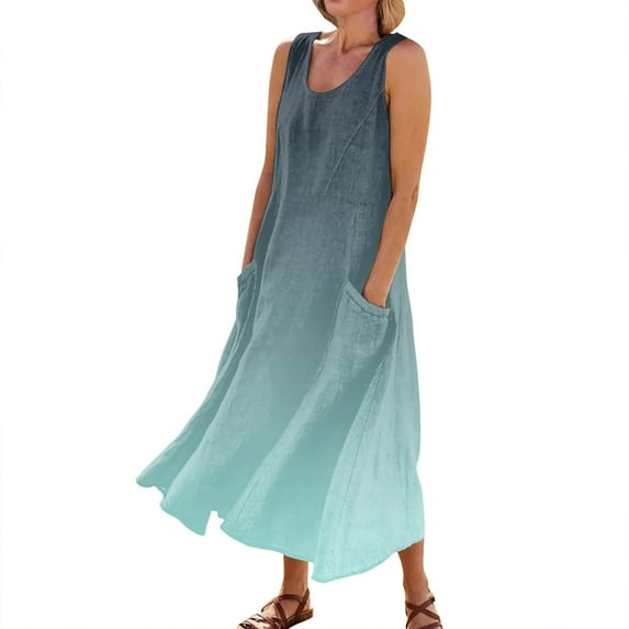 Mohiass 2024 Cotton Linen Sleeveless Plus Size Dresses for Women Tropical Casual Round Neck Sundress with Pockets Cyan 5XL