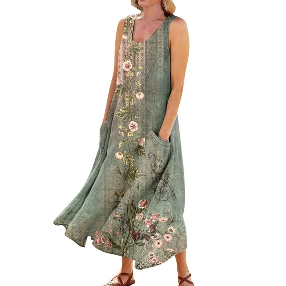 Mohiass 2024 Cotton Linen Sleeveless Plus Size Dresses for Women Tropical Casual Round Neck Sundress with Pockets Green L