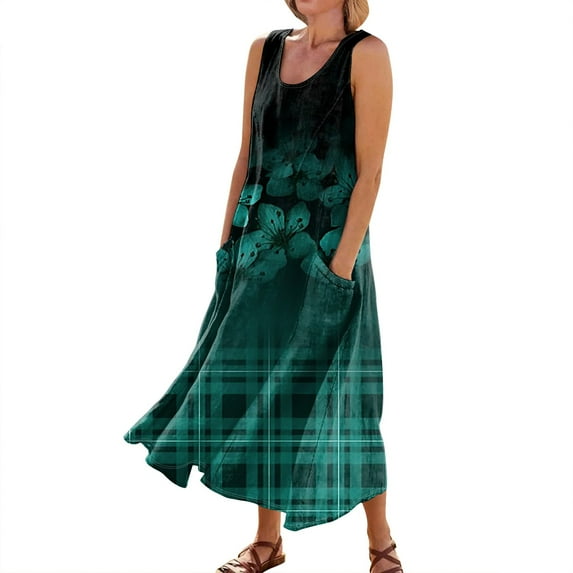 Mohiass 2024 Cotton Linen Sleeveless Plus Size Dresses for Women Tropical Casual Round Neck Sundress with Pockets Green XL