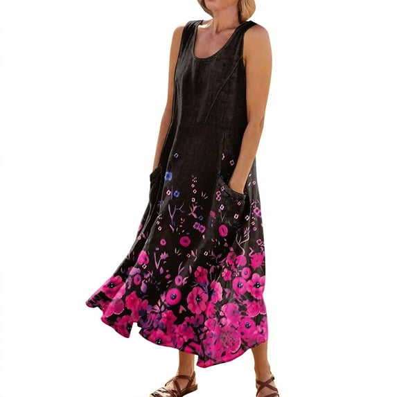 Mohiass 2024 Cotton Linen Sleeveless Plus Size Dresses for Women Tropical Casual Round Neck Sundress with Pockets Hot Pink 3XL