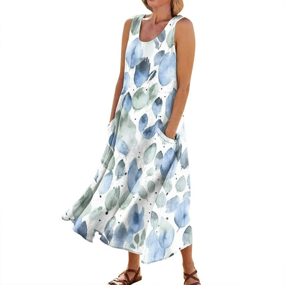 Mohiass 2024 Cotton Linen Sleeveless Plus Size Dresses for Women Tropical Casual Round Neck Sundress with Pockets Light Blue 3XL